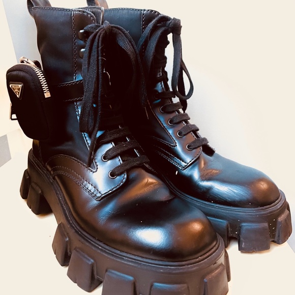 PRADA BOOTS (combat) size 43 Monolith brushed leather and nylon boots with pouch - Picture 8 of 9